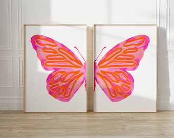 pink orange split butterfly wall art set preppy y2k room decor for teens, college apartment decor aesthetic wall art dorm room essentials
