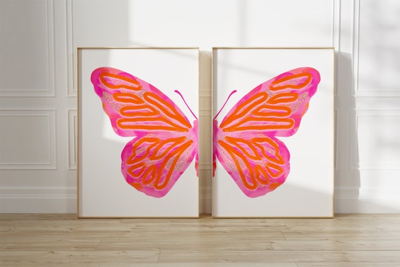pink orange split butterfly wall art set preppy y2k room decor for teens, college apartment decor aesthetic wall art dorm room essentials