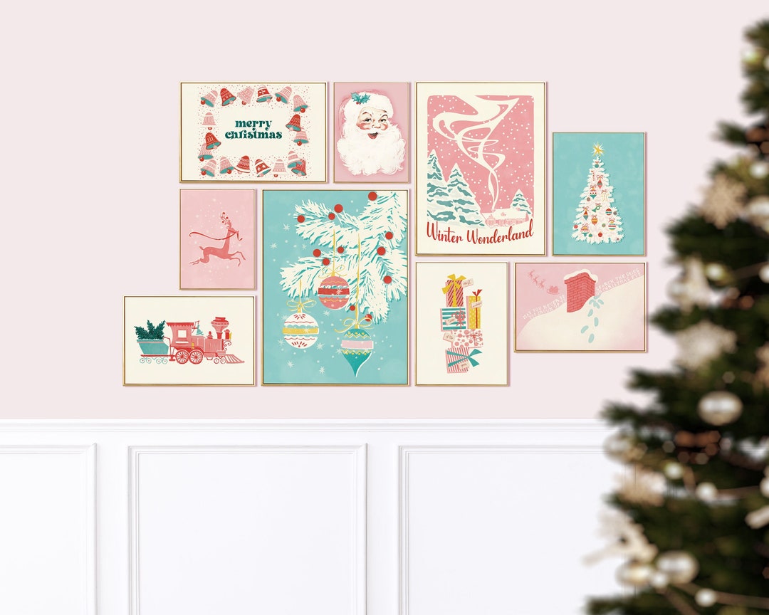 Pink Christmas Decor Gallery Wall Prints, Holiday Decor Gallery Wall