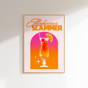 Alabama Southern Art Bar Cart Art Print Decoración del dormitorio, decoración del carrito de la barra del cartel del alcohol del arte pop, decoración del apartamento de moda del arte de la pared rosa y naranja
