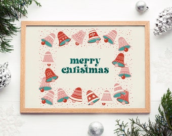 merry christmas bells wall decor, winter decor christmas prints, nordic christmas vibes holiday decor, retro wall decor holiday printables