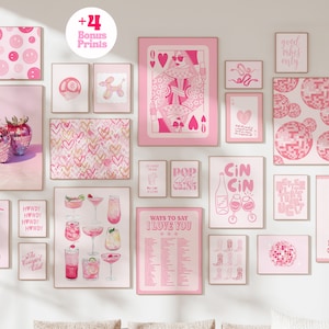 trendy wall art set of 22 bundle prints preppy room decor, preppy aesthetic pink wall art dorm decor, apartment decor aesthetic wall art