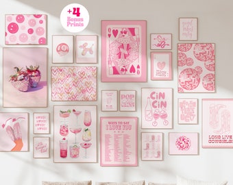 trendy wall art set of 22 bundle prints preppy room decor, preppy aesthetic pink wall art dorm decor, apartment decor aesthetic wall art