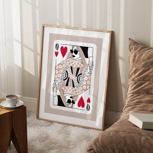queen of hearts trendy funky wall art college apartment decor aesthetic wall art grunge poster, bar cart art funky wall decor retro wall art