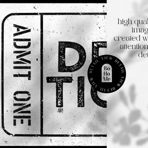 Pode incluir: Bilhete vintage preto e branco com o texto "ADMIT ONE" e "DETAIL VIEW DETAIL VIEW" com um c&iacute;rculo no meio que diz "Bo Ho Me".