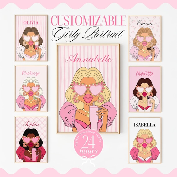 custom portrait gift for teenage girls - girly wall art above bed decor, pink print dorm wall decor, trendy prints college apartment decor