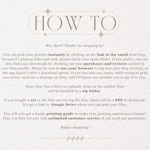May include: A white text graphic on a light brown background with the words "HOW TO" in a large font. The text below explains how to download digital files from Etsy. It mentions that some files may be bundled in a zip folder, and larger files may be available as a PDF download via Google Drive. It also mentions that unlimited customer service is available.