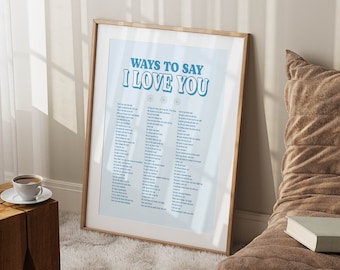 ways to say I love you blue wall art print preppy dorm decor, blue preppy aesthetic wall art teen room decor y2k poster aesthetic room decor