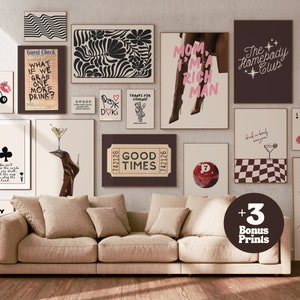 retro wall art set of 17 bundle prints funky decor, apartment decor aesthetic wall art trendy prints, neutral wall art  aesthetic room decor