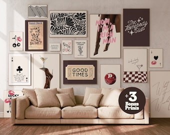 conjunto de arte de pared retro de 17 impresiones de paquetes decoración funky, decoración de apartamentos arte de pared estético impresiones de moda, decoración de habitación estética de arte de pared neutral