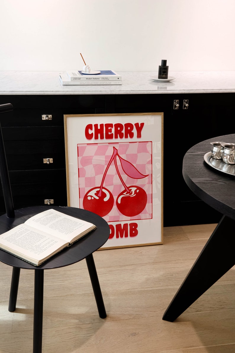 cartel de cereza femme estética coqueta decoración de la habitación cartel estético, arte de la pared de moda decoración del apartamento funky rosa pared arte decoración de la cocina de moda imagen 3