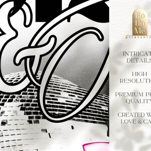 May include: Black and white graphic design featuring the word "&" with a disco ball in the background. The design is part of a printable art collection.