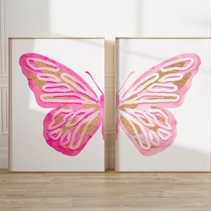 hot pink split butterfly wall art preppy y2k room decor for teens, pink teen girl room decor, trendy wall art dorm decor for college girls