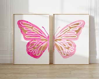hot pink split butterfly wall art preppy y2k room decor for teens, pink teen girl room decor, trendy wall art dorm decor for college girls