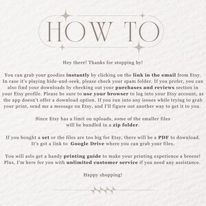 Puede incluir: Un gr&aacute;fico de texto beige y marr&oacute;n con el t&iacute;tulo "How To" en una fuente decorativa. El texto explica c&oacute;mo descargar los archivos digitales comprados en Etsy. Menciona que los archivos se pueden enviar por correo electr&oacute;nico, una carpeta zip o Google Drive.