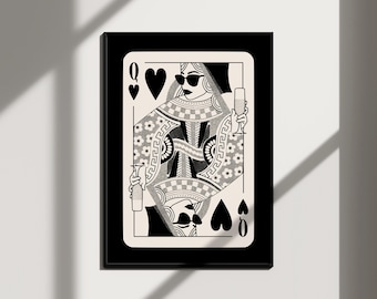 queen of hearts bar cart prints apartment decor, 70s style posters aesthetic room decor, lucky you print retro champagne wall art dorm decor