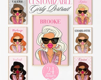 custom portrait girly wall art, personalized decor gift for teen girls, pink art print chic dorm decor, luxury fashion print apartment decor