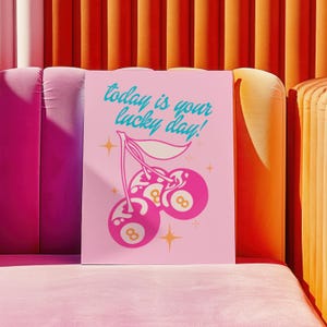 retro wall art print funky home decor, pink and orange wall art college apartment decor, lucky you print funky poster maximalist wall decor image 4