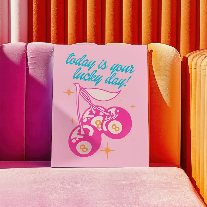 retro wall art print funky home decor, pink and orange wall art college apartment decor, lucky you print funky poster maximalist wall decor image 4