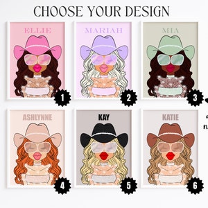 May include: Six different designs for personalized printable art featuring a cartoon woman wearing a cowboy hat and sunglasses. Each design has a different colored hat and background. The designs are numbered 1 through 6.