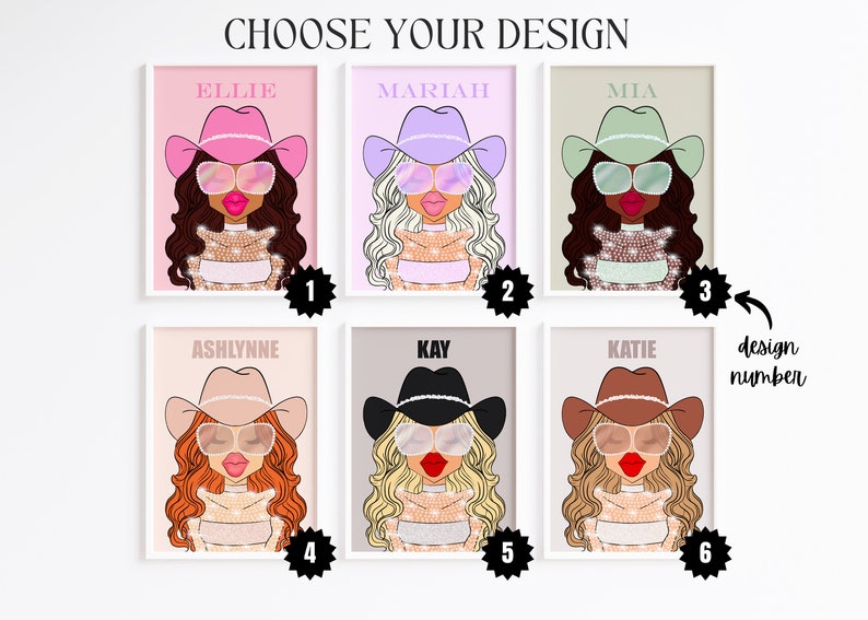 May include: Six different designs for personalized printable art featuring a cartoon woman wearing a cowboy hat and sunglasses. Each design has a different colored hat and background. The designs are numbered 1 through 6.