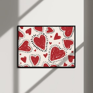 corazones rojos retro arte impresión funky decoración del hogar, cartel de la sala de estar del arte de la pared de moda, arte de la pared horizontal decoración de la habitación de la coqueta de la impresión del arte de moda