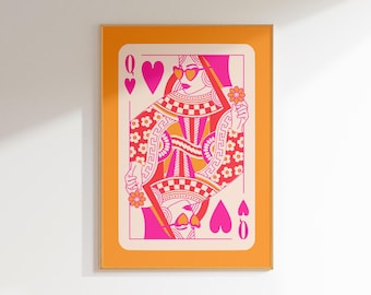 May include: A retro-style illustration of the Queen of Hearts playing card. The queen is wearing sunglasses and a crown, and she is holding a flower. The card is set against a bright orange background.