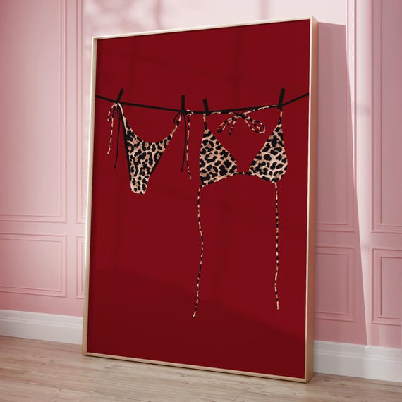 cherry red leopard wall art bikini print apartment decor, funky wall art retro poster dorm prints aesthetic wall art trending home decor