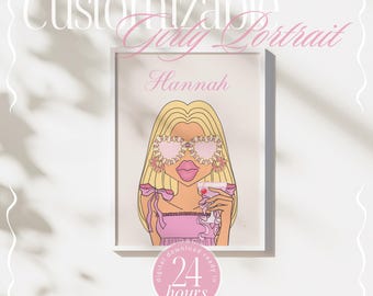 custom portrait girly wall art trendy prints pink home decor, custom art girls bedroom artwork dorm decor, personalized gifts for teen girls