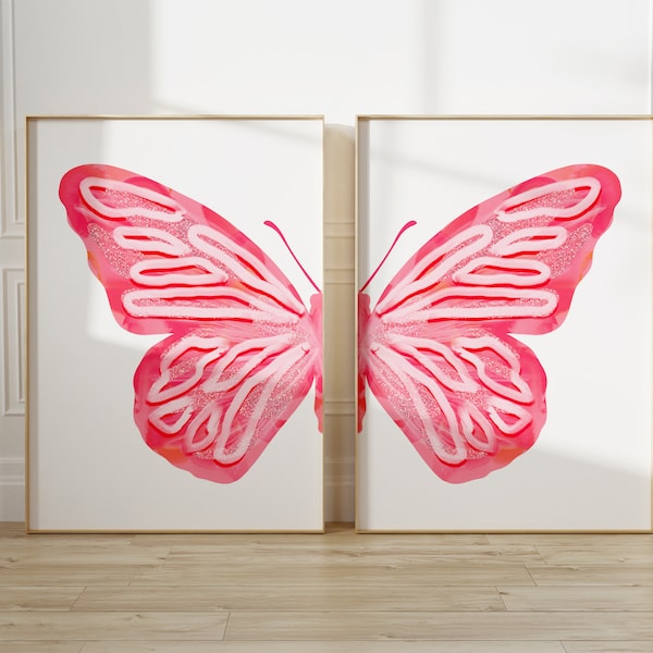 pink split butterfly wall art set teen girl room decor aesthetic, large wall art dorm room essentials, girly wall art coquette room decor