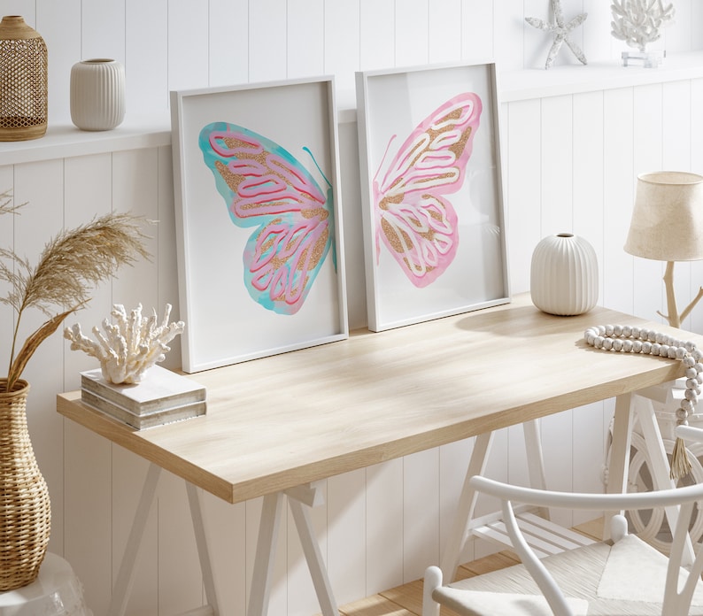 blue pink split butterfly wall art set baby girl nursery decor prints, aesthetic pastel wall art preppy y2k room decor aesthetic for teens image 6