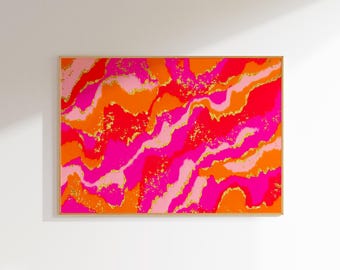pink orange abstract painting preppy room decor bar cart decor, colorful wall art aesthetic room decor, girly wall decor maximalist wall art