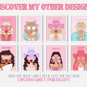 May include: A collage of nine digital illustrations of women with different hairstyles, clothing, and accessories. Each illustration has a name at the top and a pink background. The text at the bottom reads "VISIT MY SHOP AND CHECK OUT THE SECTION CUSTOM GIRLY PORTRAITS".