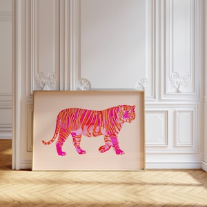 tiger painting large maximalist wall art preppy room decor, funky horizontal wall art college dorm decor, pink orange wall art animal print image 9