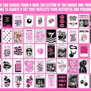 May include: A collection of 36 printable digital art prints featuring a variety of designs in pink, black, and white. The designs include text, illustrations, and patterns. The prints are perfect for adding a touch of personality to any space.
