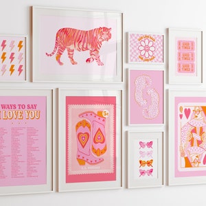 pink and orange wall art preppy dorm room decor aesthetic gallery wall art set of 9 wall prints, colorful wall art maximalist dopamine decor