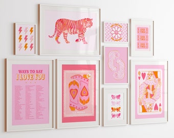 pink and orange wall art preppy dorm room decor aesthetic gallery wall art set of 9 wall prints, colorful wall art maximalist dopamine decor