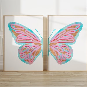 girly split butterfly wall art set room decor for teens, pastel wall art baby girl nursery wall decor, preppy wall art college dorm decor