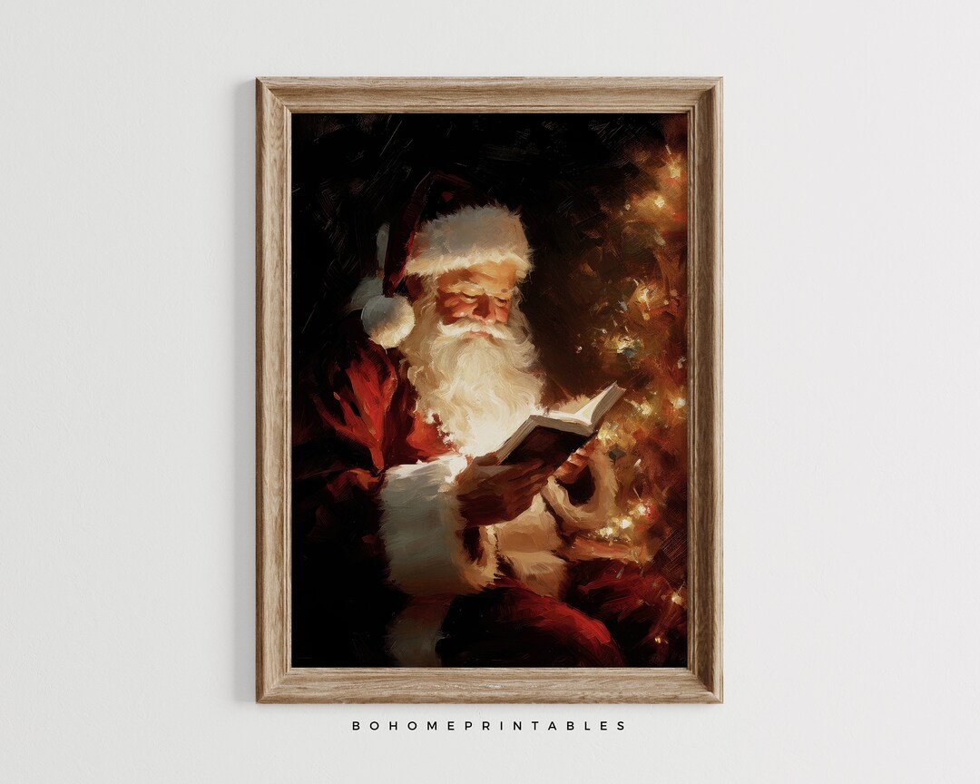 Retro Santa Clause Reading Vintage Christmas Painting Bookshelf Decor
