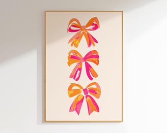 pink bow preppy wall art girly print dorm room decor, pink and orange art girls bedroom artwork cute decor, preppy prints girl nursery decor