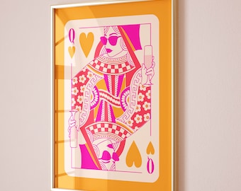 koningin van harten speelkaart funky kunst aan de muur, roze en oranje preppy muur kunst slaapzaal decor, preppy y2k kamer decor esthetische maximalistische muur kunst