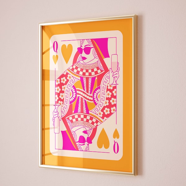 koningin van harten speelkaart funky kunst aan de muur, roze en oranje preppy muur kunst slaapzaal decor, preppy y2k kamer decor esthetische maximalistische muur kunst