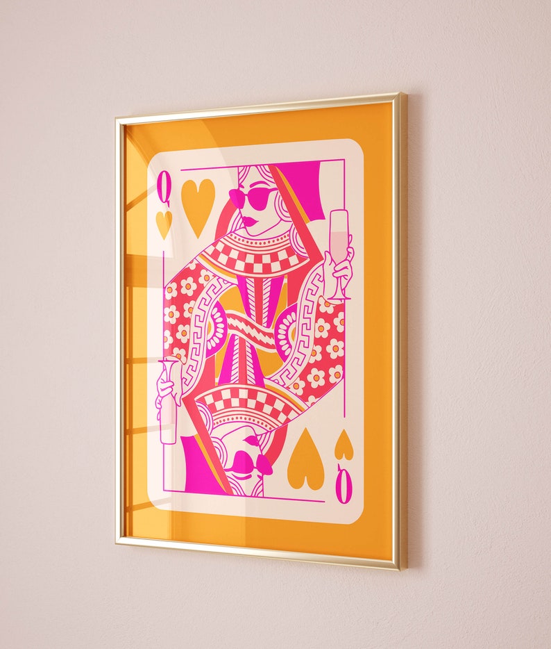 queen of hearts playing card funky wall art, pink and orange preppy wall art dorm decor, preppy y2k room decor aesthetic maximalist wall art image 1