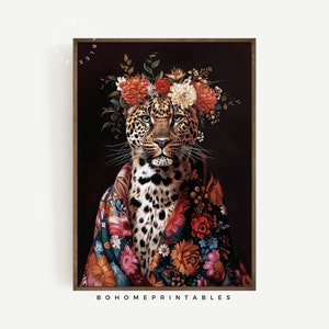 leopard animal print maximalist decor colorful print, office wall art vintage poster, maximalist wall art eclectic home decor floral print
