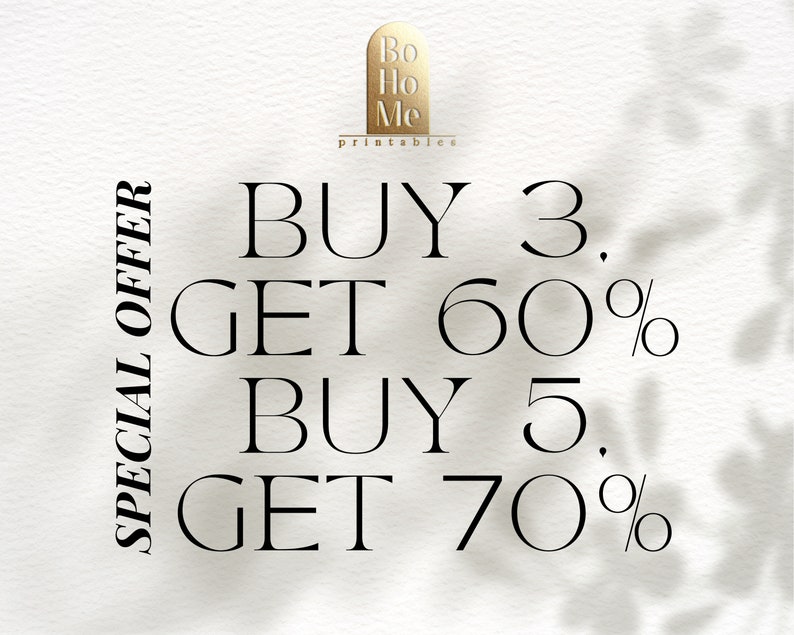 May include: A white background with black text that reads "SPECIAL OFFER" on the left side and "BUY 3. GET 60% BUY 5. GET 70%" on the right side. The text is in a modern, minimalist font.