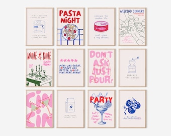 May include: A set of 10 printable wall art prints featuring pink, blue and green illustrations and text. The prints depict various food and drink themes, including coffee, pasta, wine, cocktails and weekend dinners. The text on the prints includes phrases such as "A day without coffee is like...", "Pasta Night", "Wine & Dine", "Don't Ask Just Pour", "Cocktail Party" and "Embrace the Grind".
