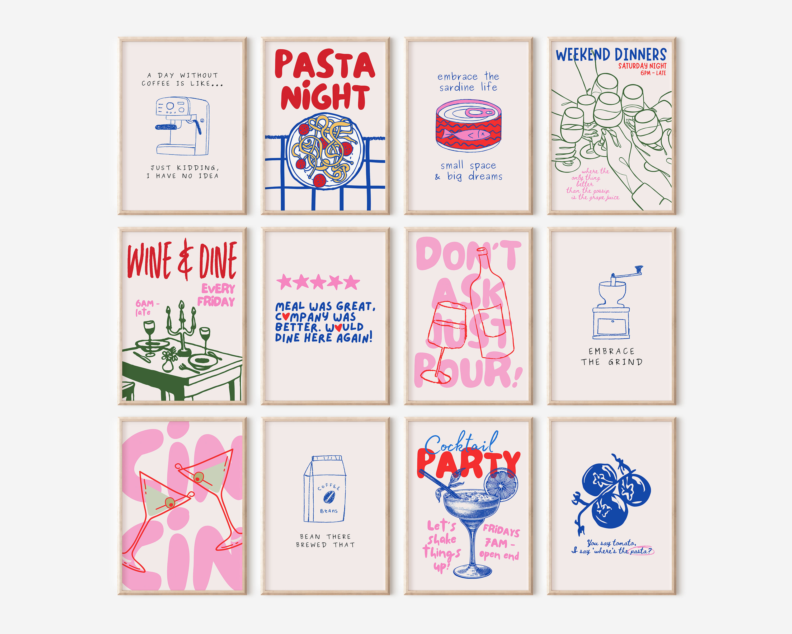 set of 100 kitchen prints, kitchen wall art, preppy... Kitchen Art Print Gallery Wall Set of 12, Retro Wall Art Kitchen Decor ...