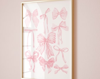 pink bows wall art watercolor print, soft girl aesthetic wall art coquette room decor, preppy aesthetic room decor dorm wall art cute print