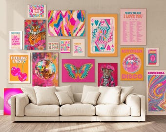 funky wall art prints trendy set of 17 preppy prints maximalist decor, colorful wall art dorm room prints gallery wall set apartment decor