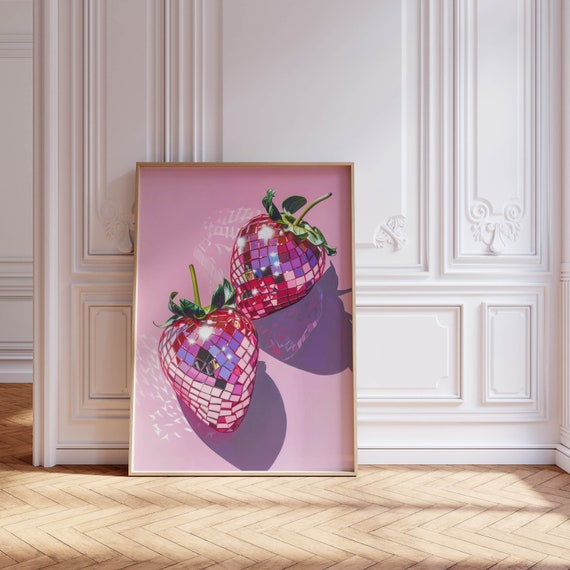girly wall art pink room decor aesthetic wall art, funky wall art trendy print strawberry decor, cool wall art y2k poster dorm wall decor